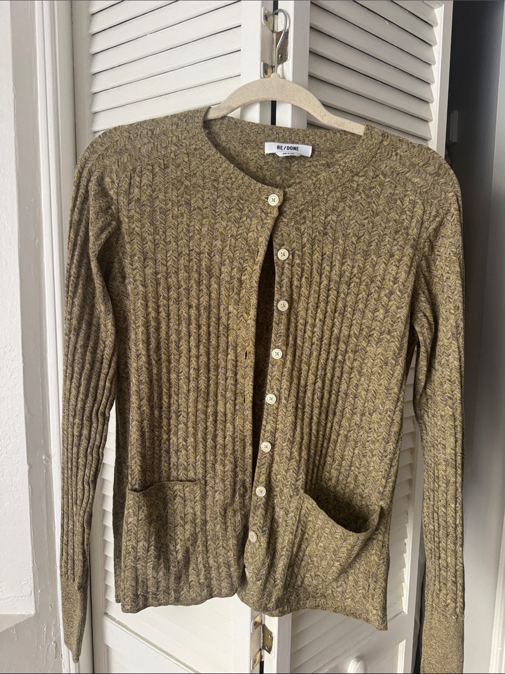 Re/Done Olive Green Ribbed Button-Up Cardigan
